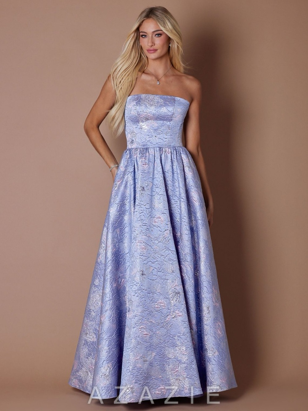 Azazie Lavender Helen Strapless Brocade Ball Gown